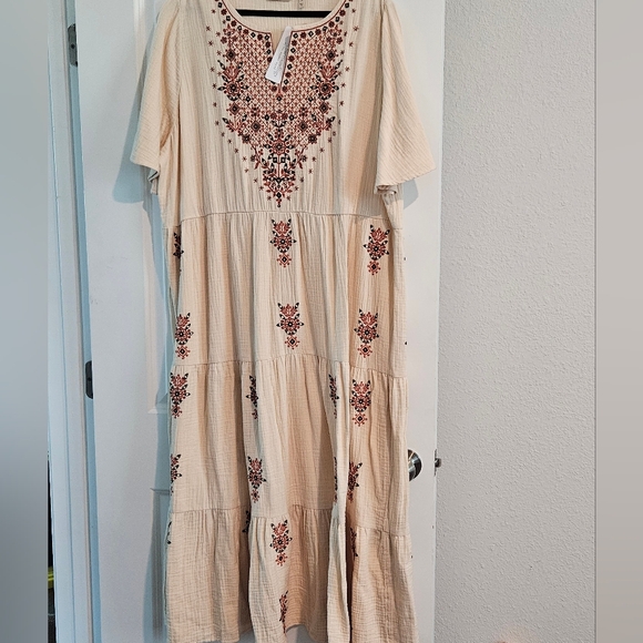 SOFT SURROUNDINGS NWT Mzxi Dress 2X Cotton Cream with Red Embroidery - Picture 3 of 15